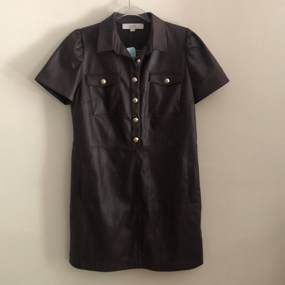 Ann Taylor LOFT Faux Leather Brown Casual Dress